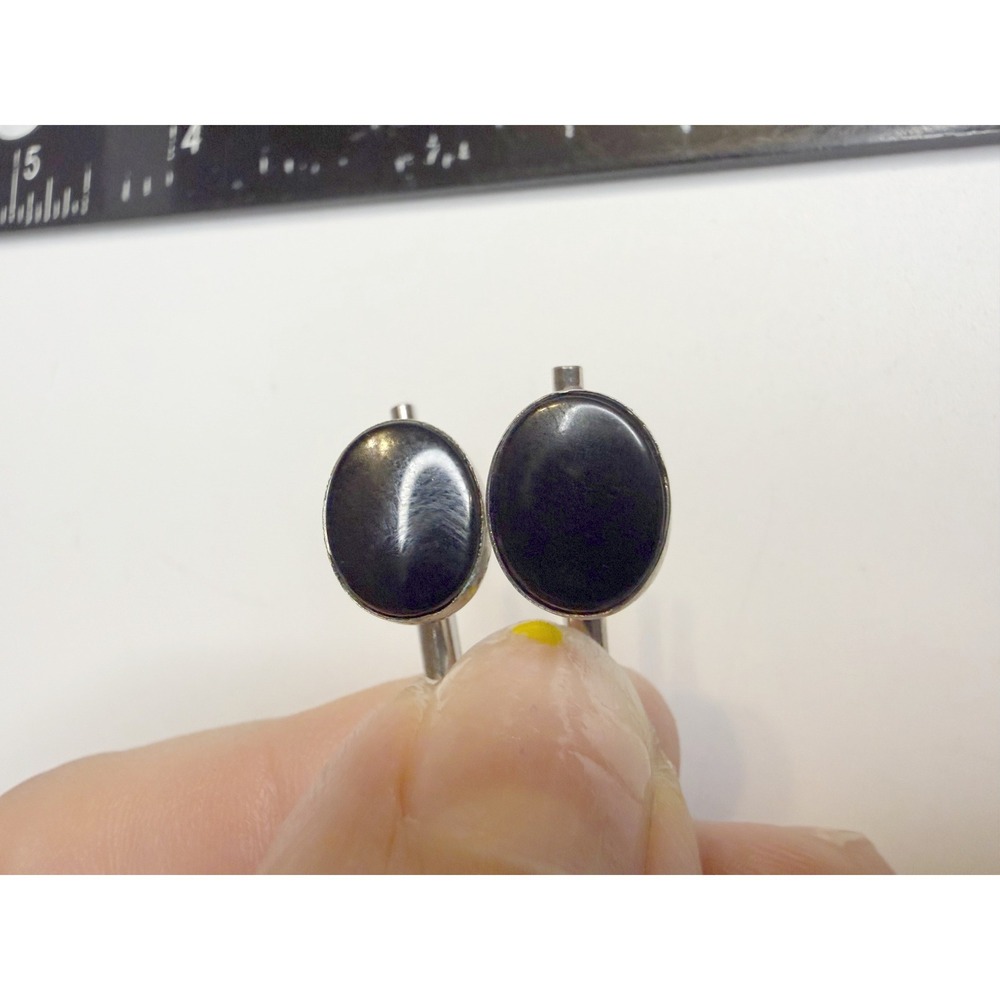 Black Onyx Silver Tone Oval Shirt Studs Set Tuxedo Formal Wear Accessory